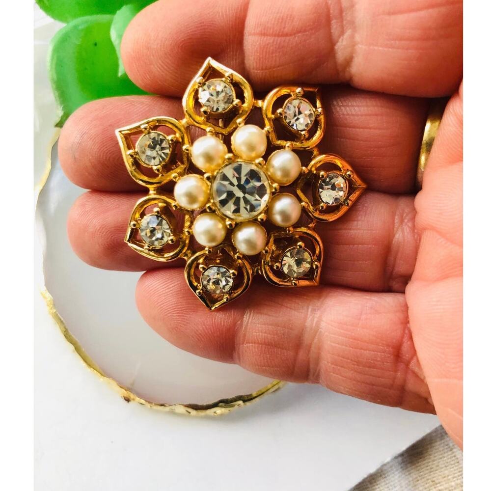 Vintage 1960 Sarah Coventry Rhinestone & Pearl Starlit Trio Pin Brooch - Picture 5 of 7